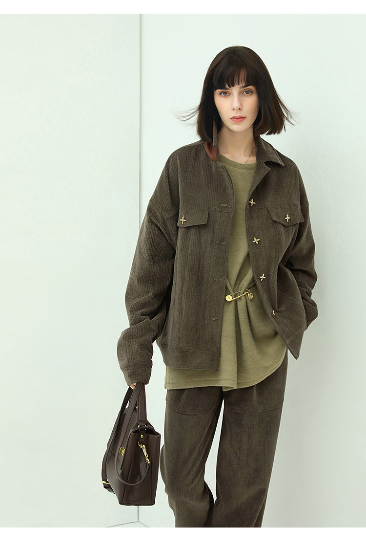 Green Corduroy Jacket with Gold Embellishments