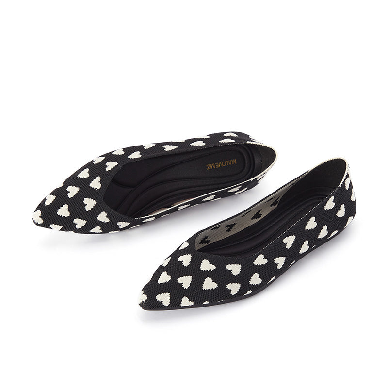 Heart Print Pointed Toe Comfortable Flats-1