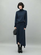 Herringbone High Neck Knit Top in Navy-2