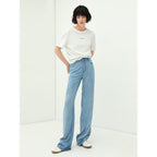 High Waist Draped Straight Leg Blue Jeans-1