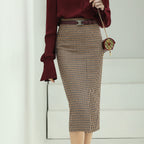 Houndstooth Brown Checkered Wool Skirt-0