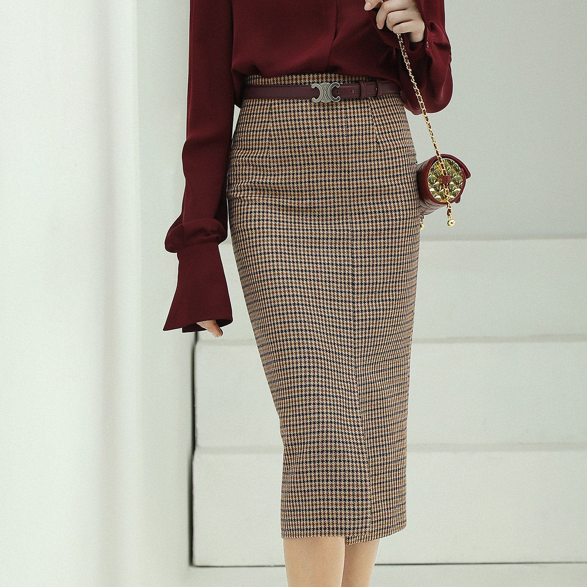Houndstooth Brown Checkered Wool Skirt-0