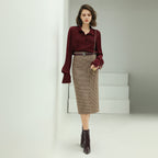 Houndstooth Brown Checkered Wool Skirt-1