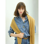 Long Sleeved Blue Denim Shirt with Contrasting Mustard Buttons-0