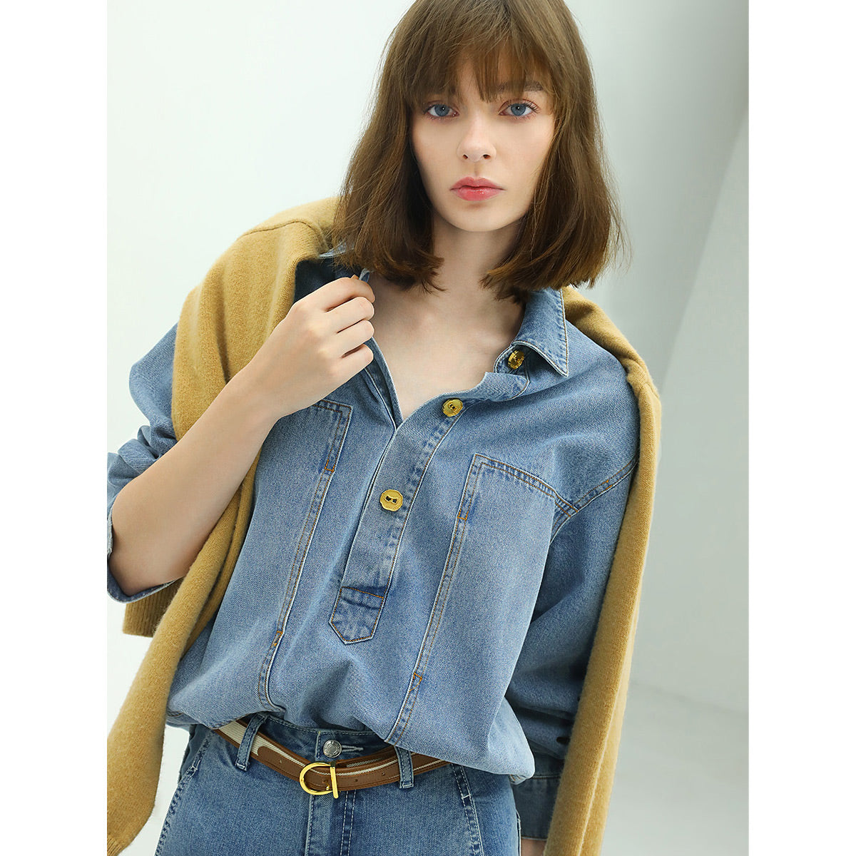 Long Sleeved Blue Denim Shirt with Contrasting Mustard Buttons-2