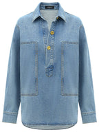 Long Sleeved Blue Denim Shirt with Contrasting Mustard Buttons-3