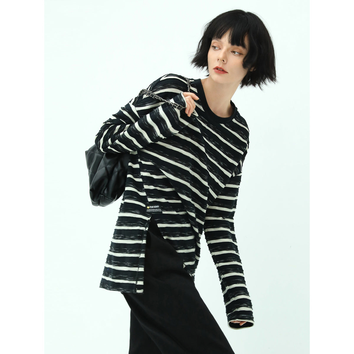 Loose Long Sleeve Striped Tee with Side Slit-0