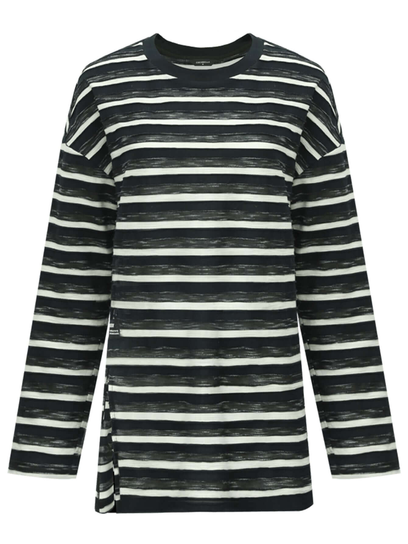 Loose Long Sleeve Striped Tee with Side Slit-3