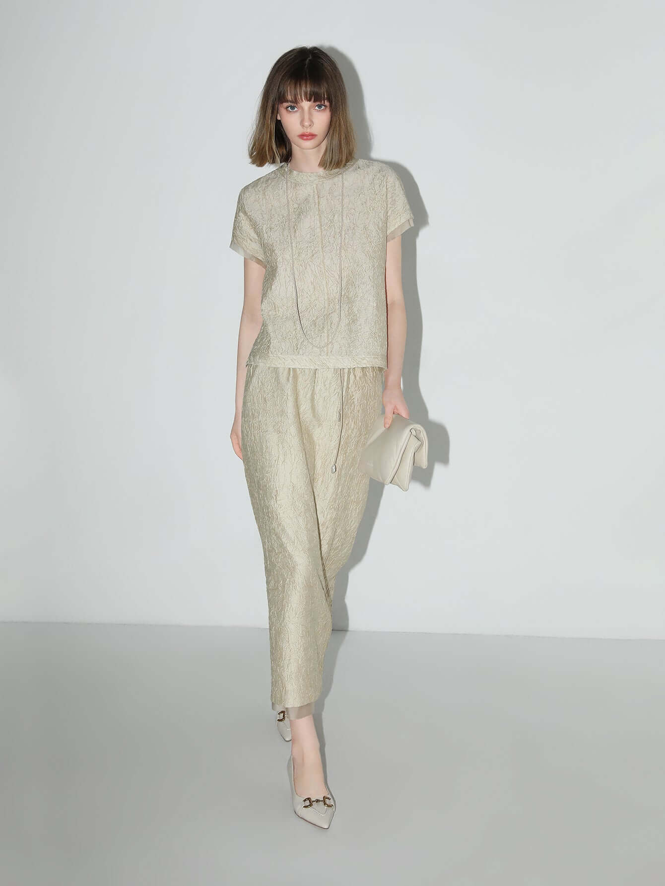 Luxe Contrast Champagne Silk Textured Satin Midi Skirt
