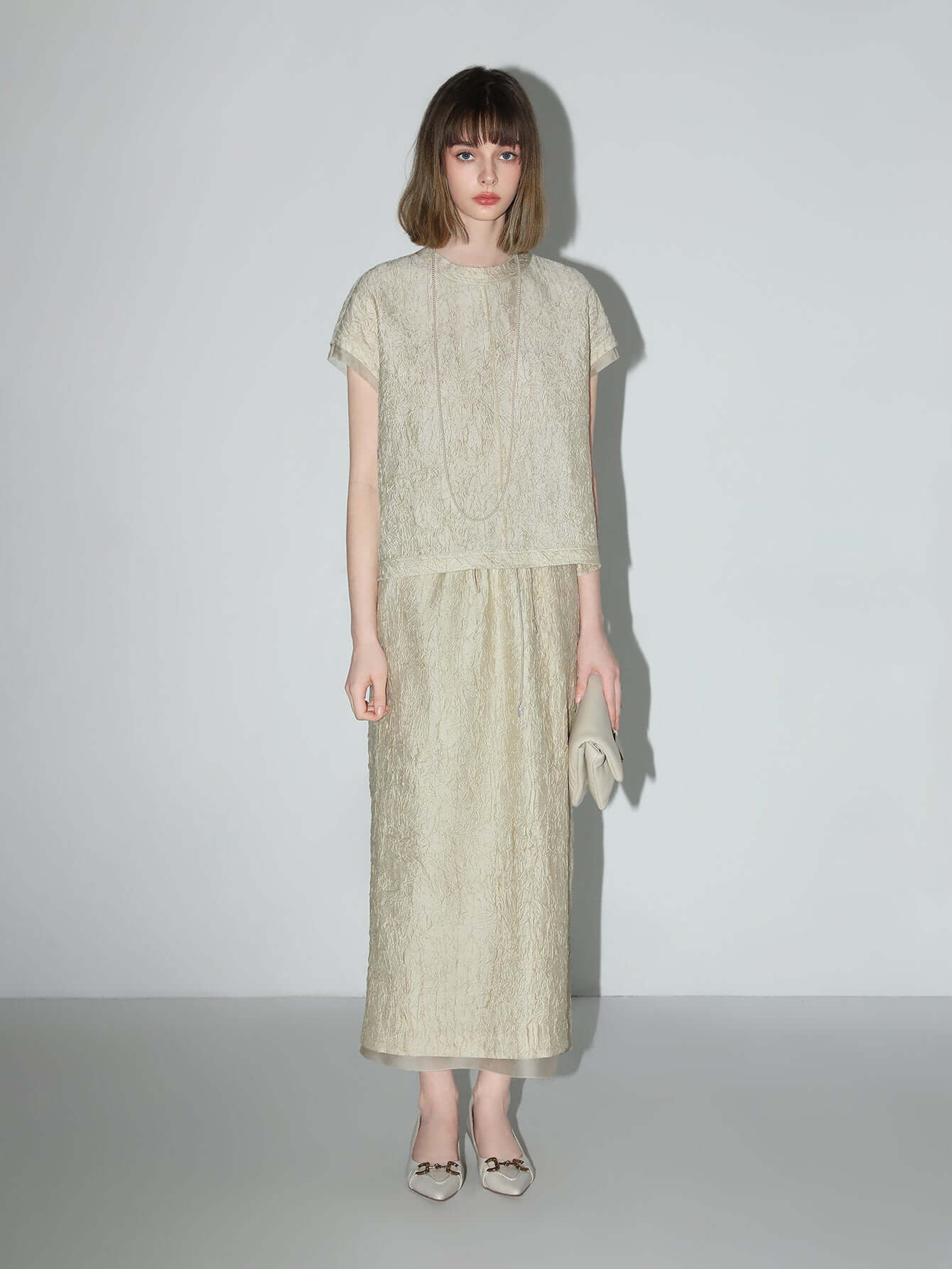 Luxe Contrast Champagne Silk Textured Satin Midi Skirt