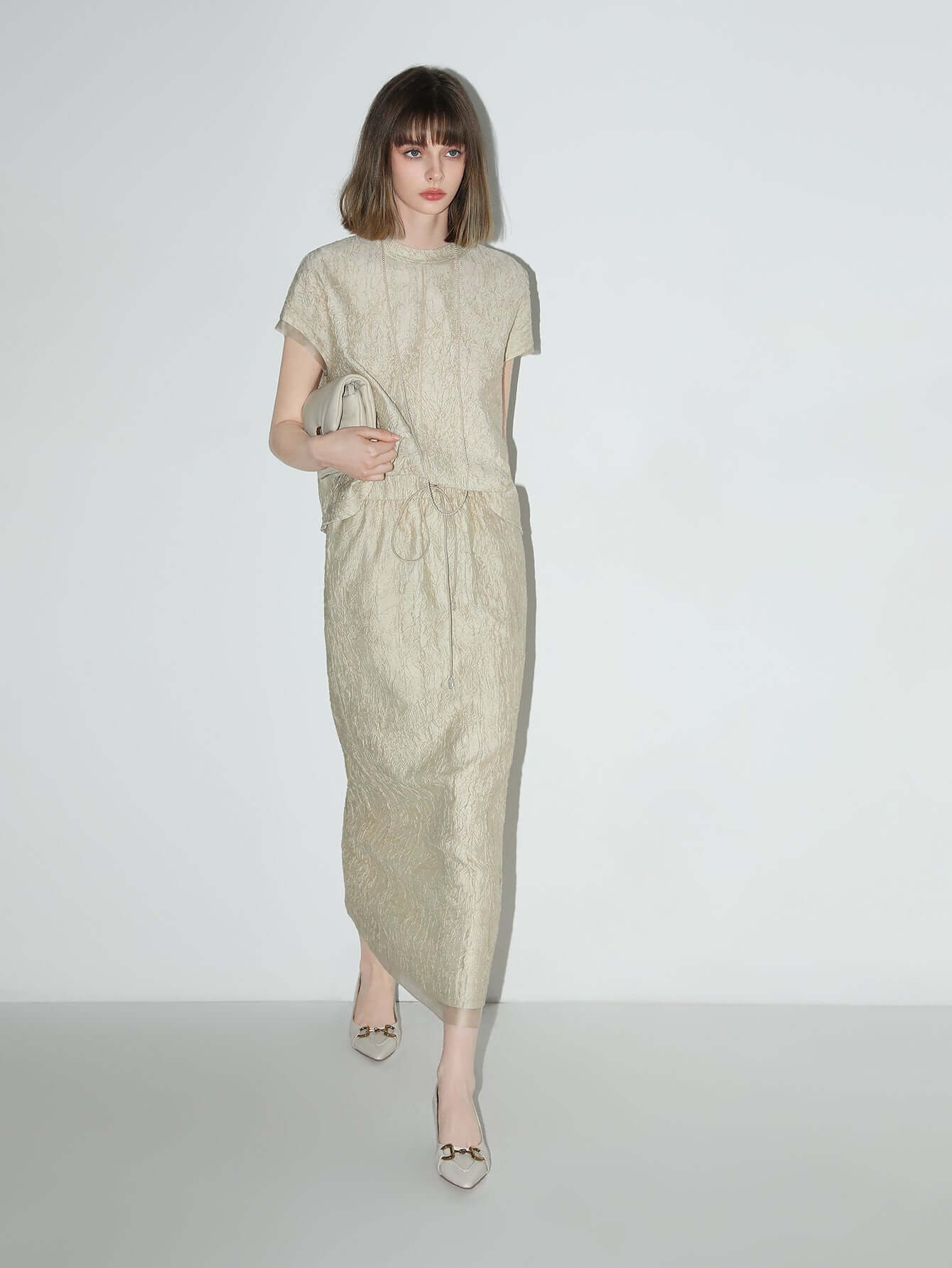 Luxe Contrast Champagne Silk Textured Satin Midi Skirt