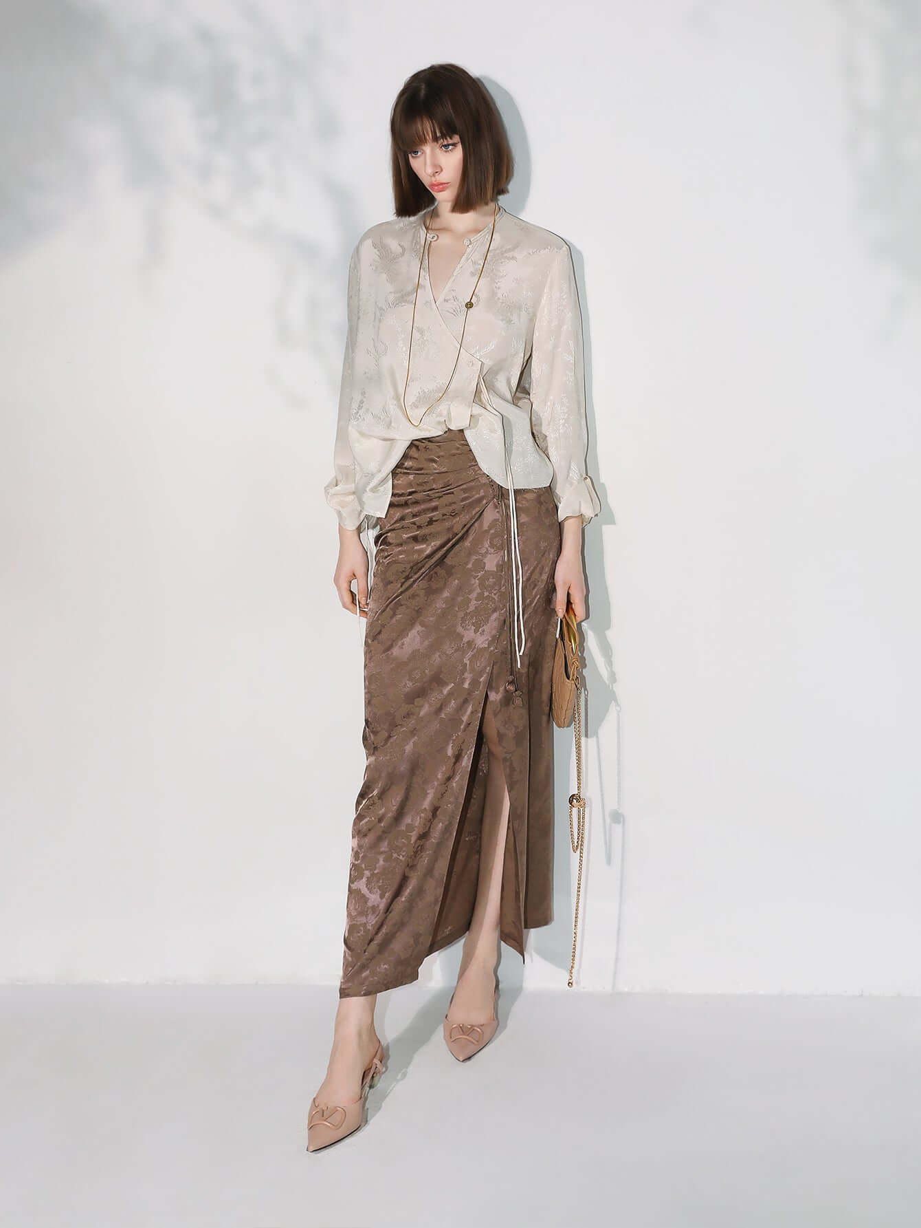 Luxurious Jacquard Draping Brown Silk Satin Skirt