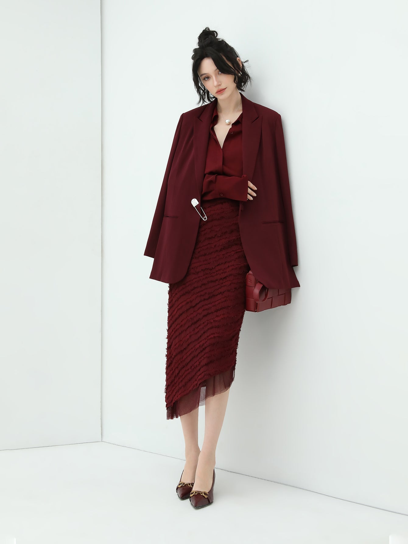 Minimalist Glossy Burgundy Wine Button Down Shirt-1