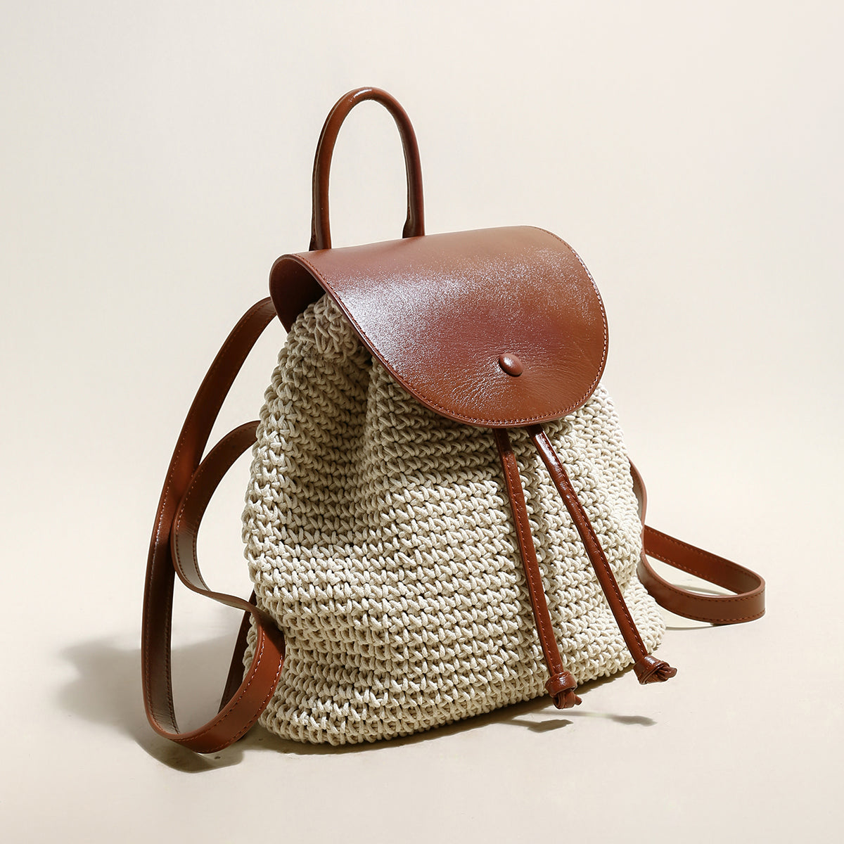 Natural White Cotton Woven Backpack with Leather Straps-1