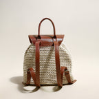 Natural White Cotton Woven Backpack with Leather Straps-2