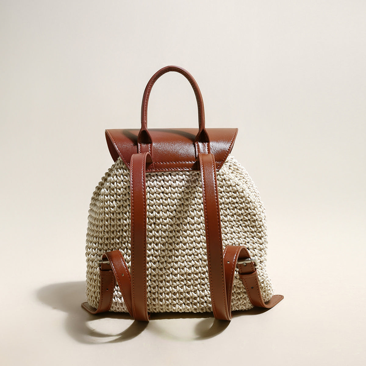 Natural White Cotton Woven Backpack with Leather Straps-2
