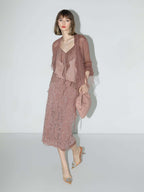 Old Rose Silk Velvet Lace Embroidered Below The Knee Skirt-1