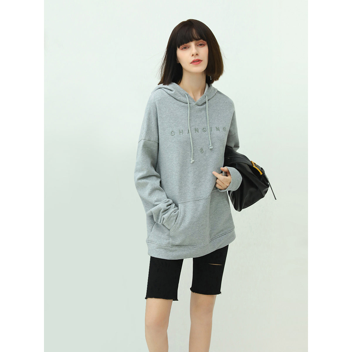 Relaxed Fit Grey Hooded Sweater with Slogan-0