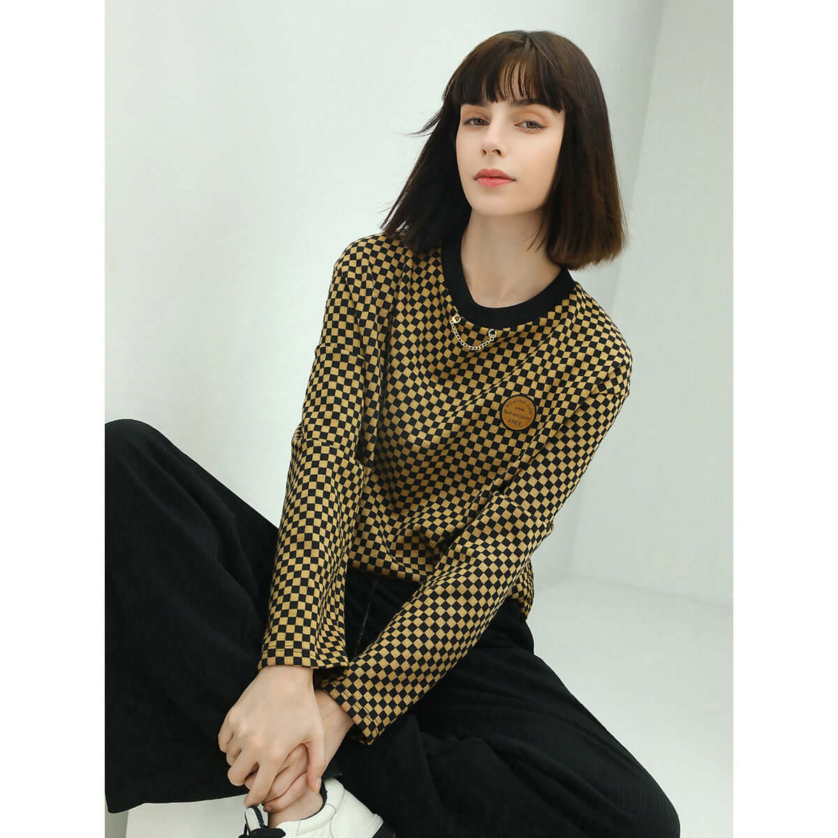 Relaxed-Fit Jacquard Grid Brown Sweater-0