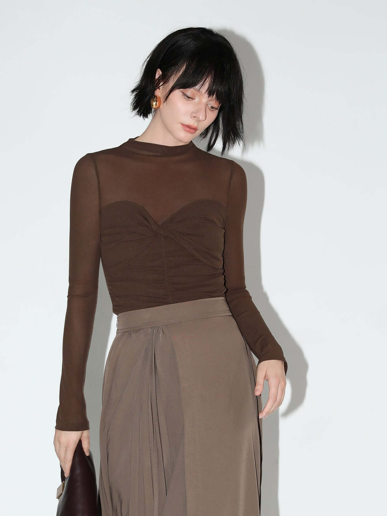 Semi-Sheer Ruched Long Sleeve Tee with a Sweetheart Neckline-0