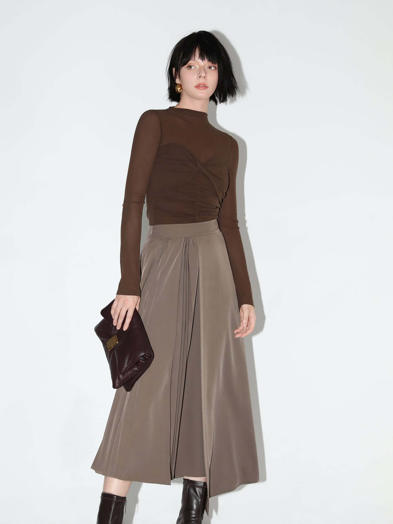 Semi-Sheer Ruched Long Sleeve Tee with a Sweetheart Neckline-1