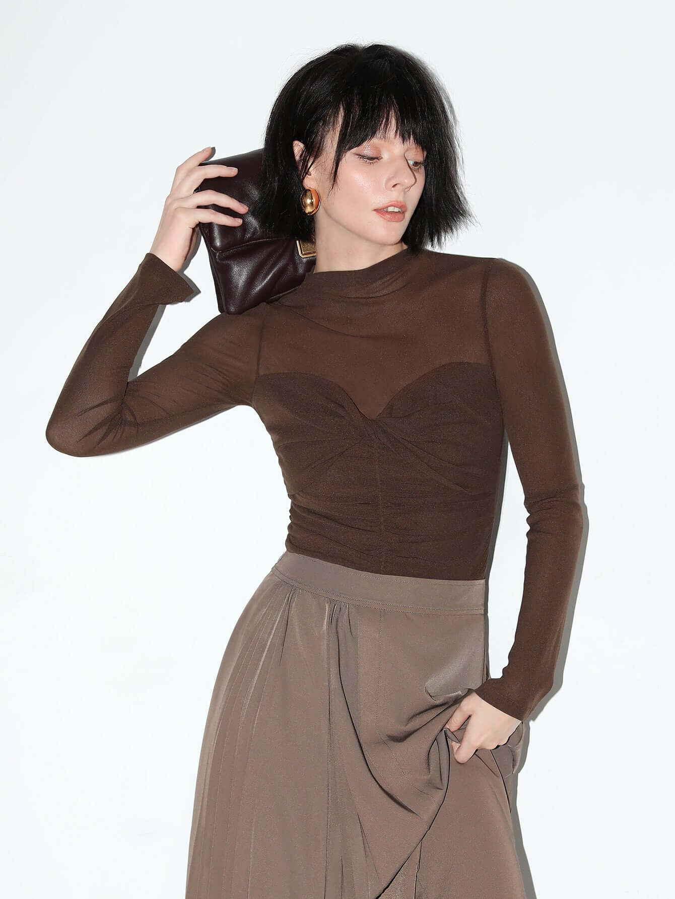 Semi-Sheer Ruched Long Sleeve Tee with a Sweetheart Neckline-2