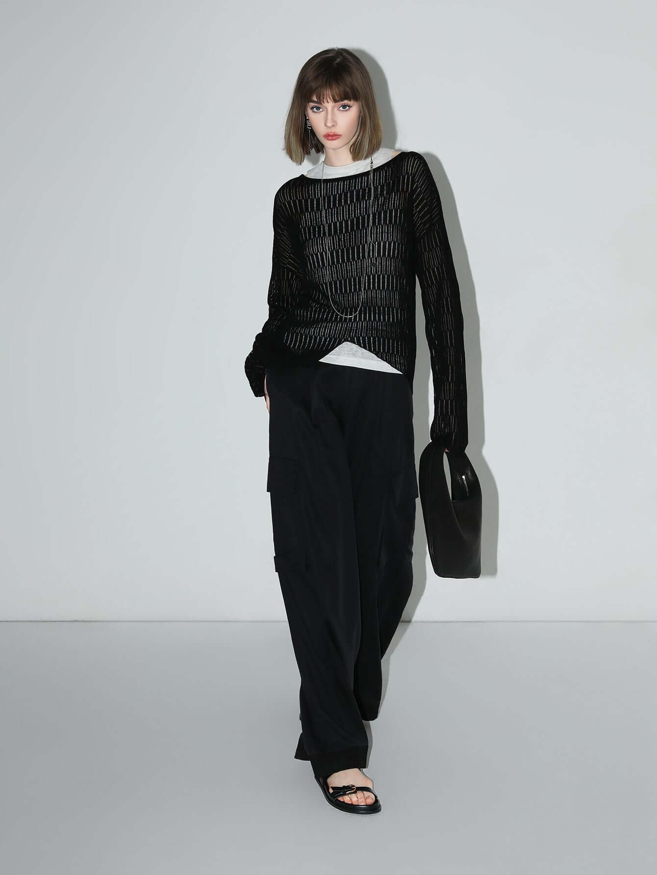 Sheer Knit Top with Asymmetrical Hem-0