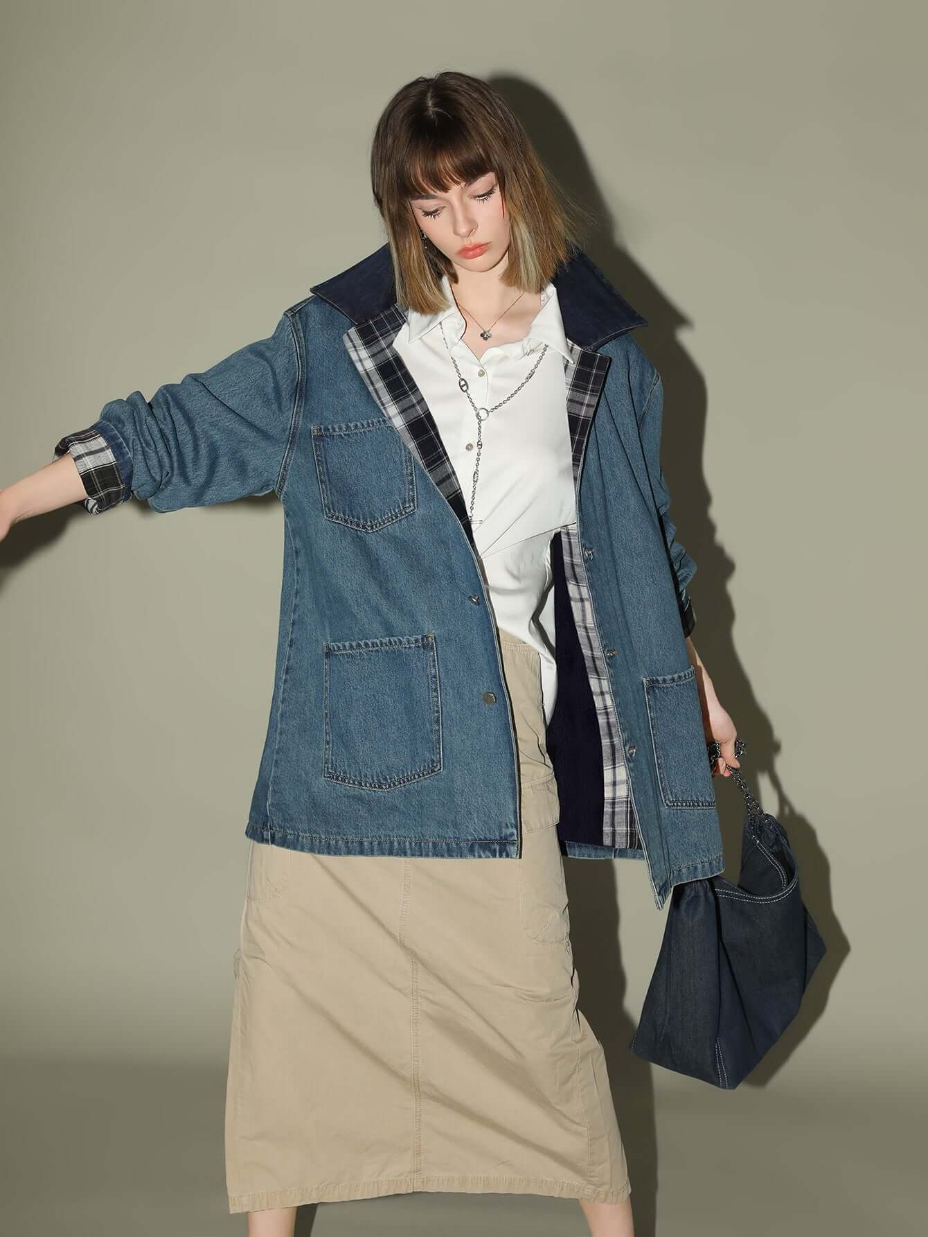 Vintage Long Denim Jacket With Plaid Lining