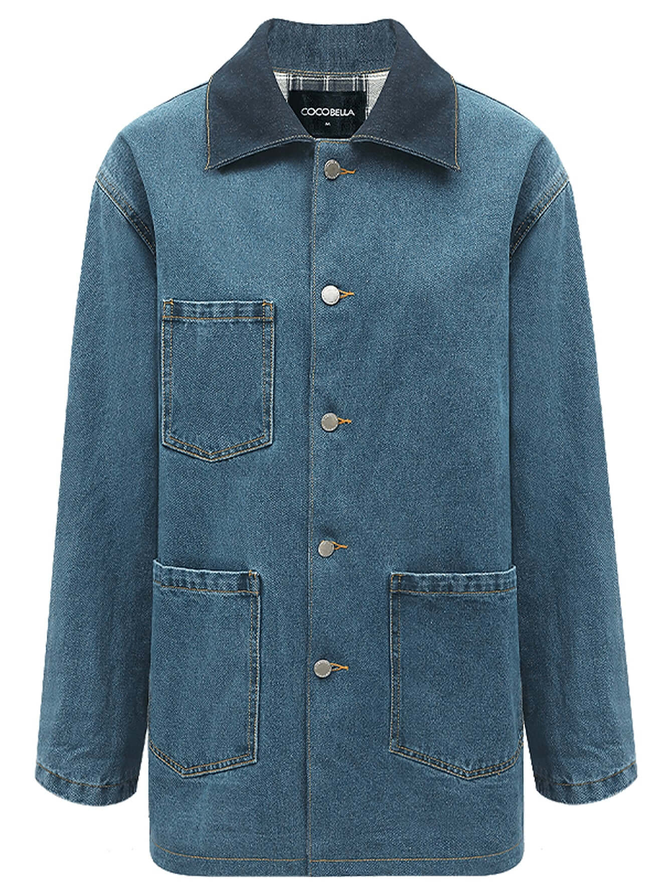 Vintage Long Denim Jacket With Plaid Lining