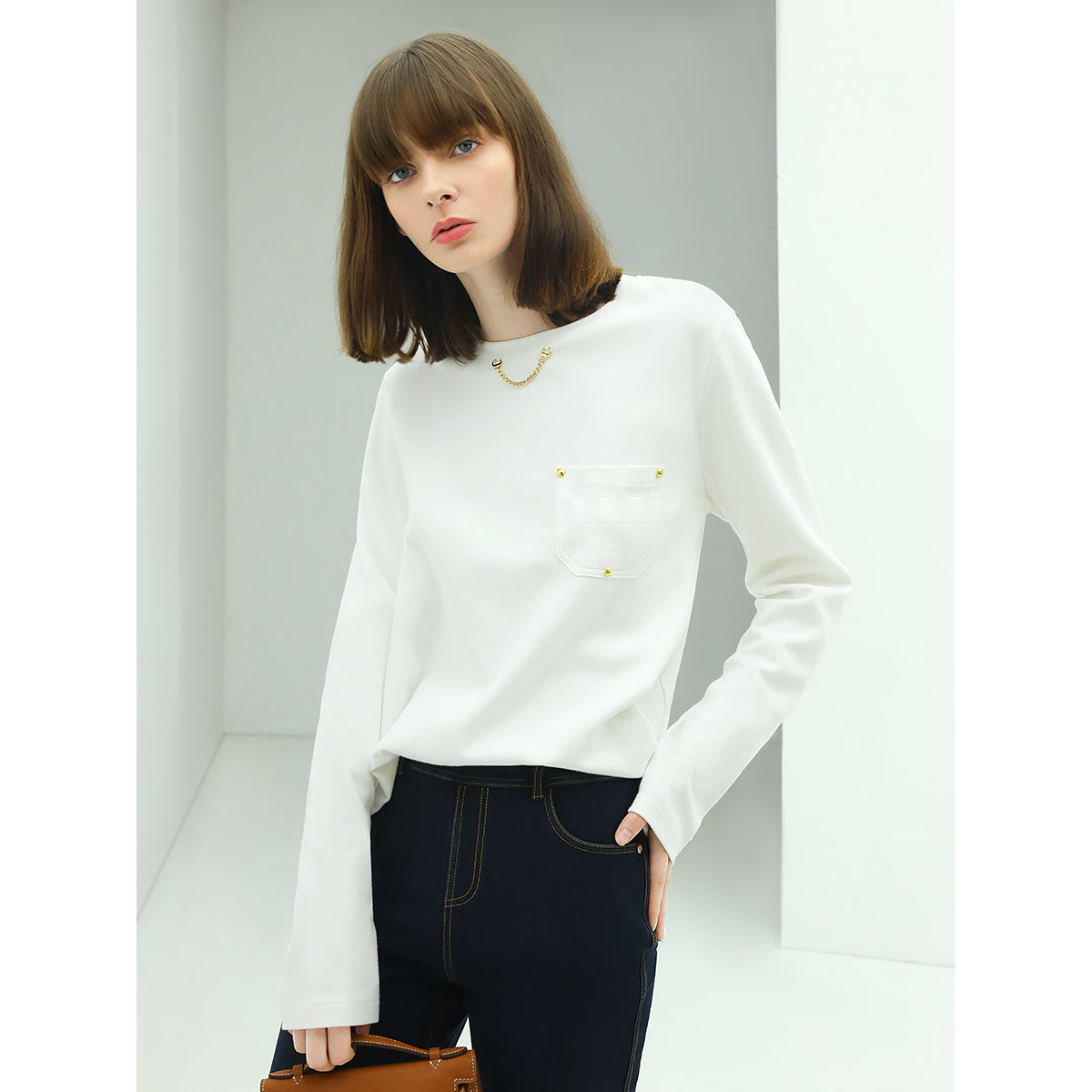 White Long Sleeved Tee with Neck Chain-0
