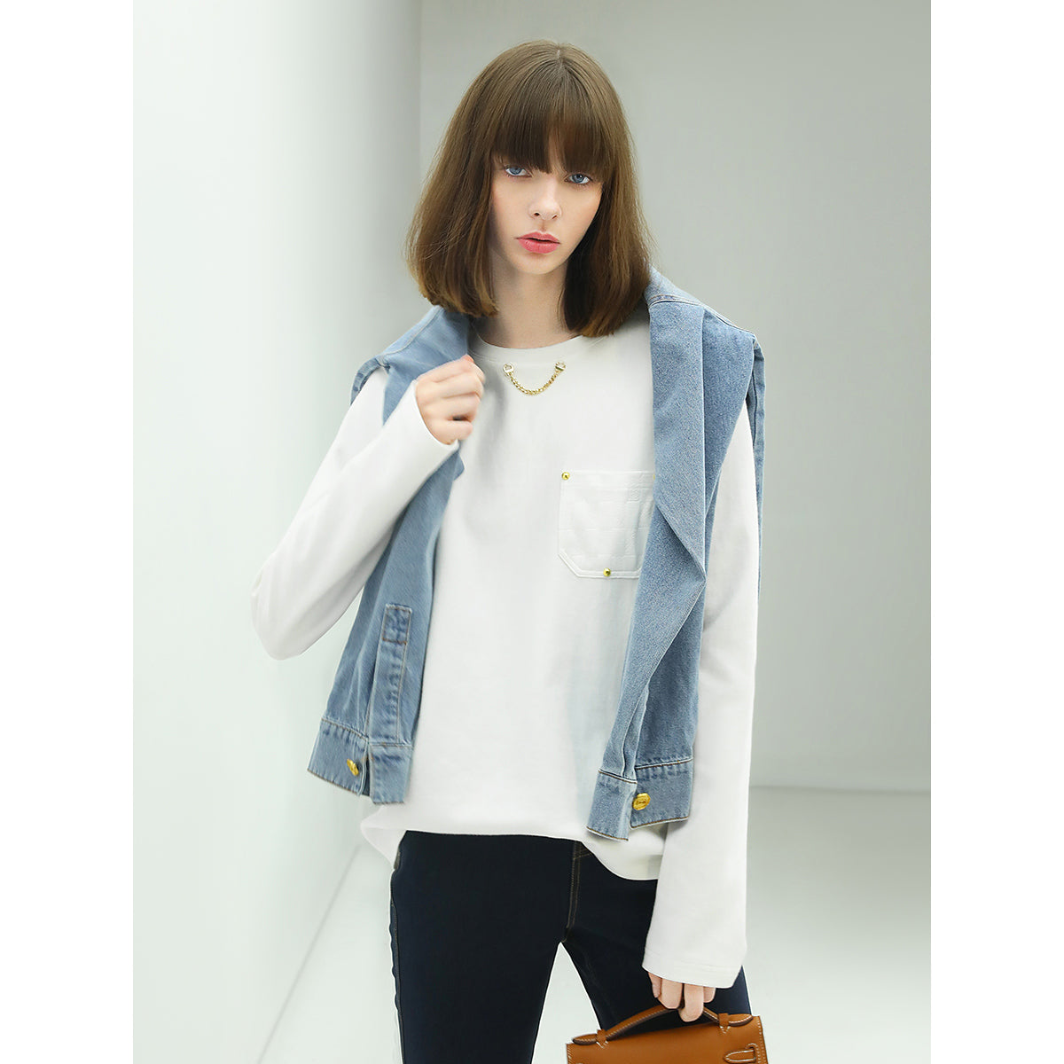 White Long Sleeved Tee with Neck Chain-1