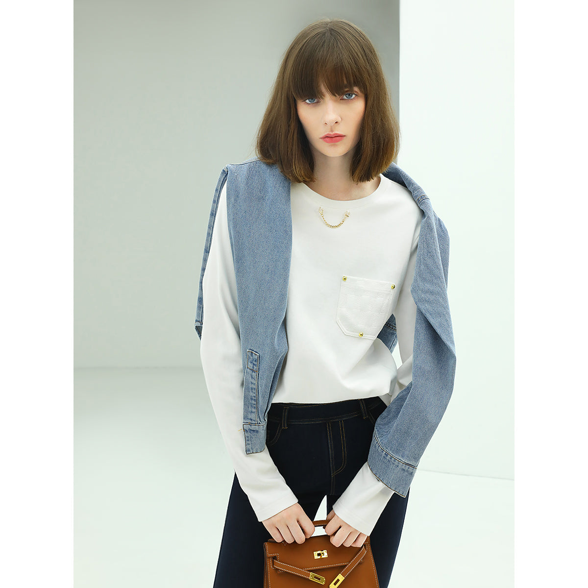 White Long Sleeved Tee with Neck Chain-2
