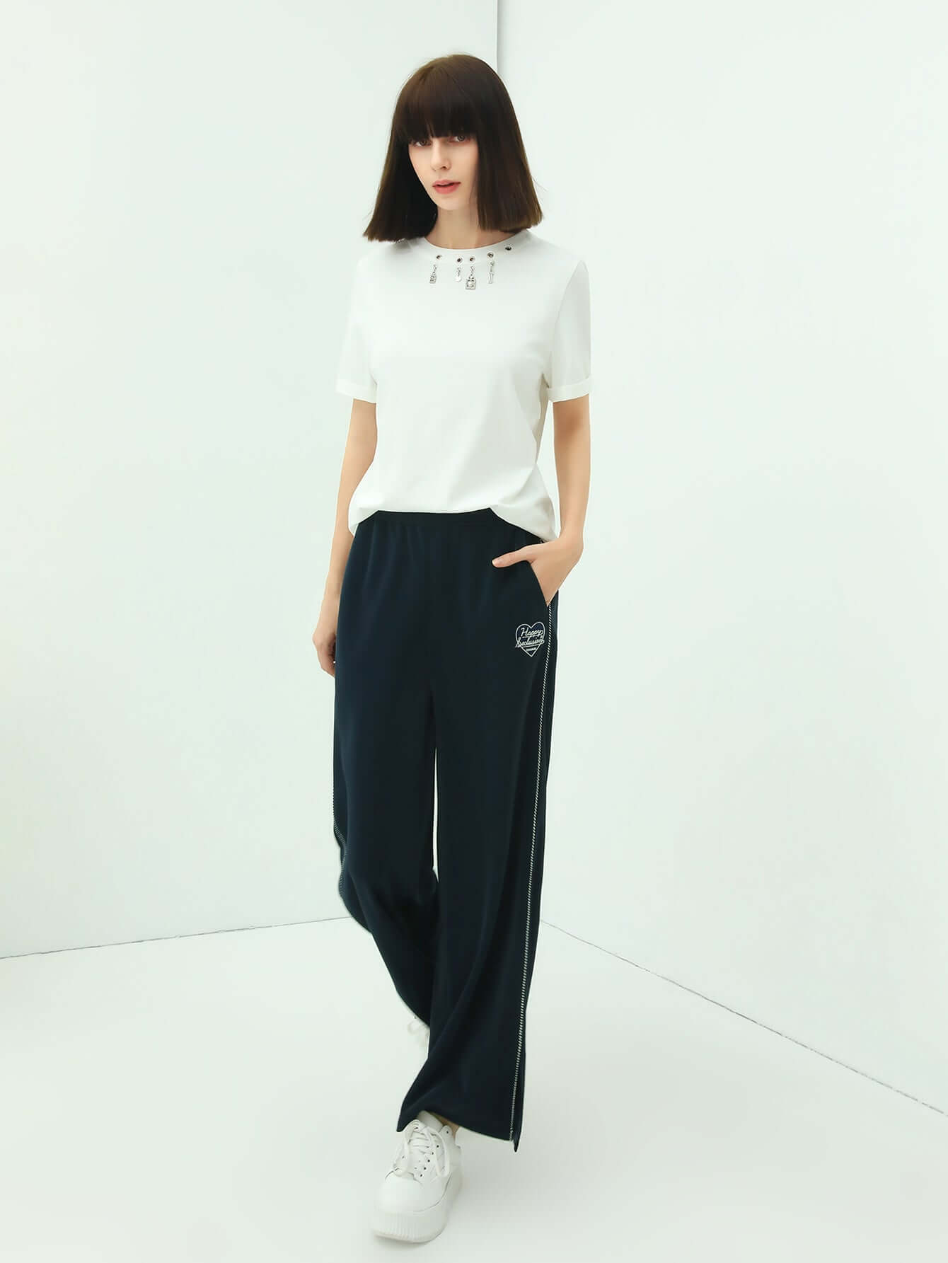 White Round Neck Tee with Embellished Charms-2